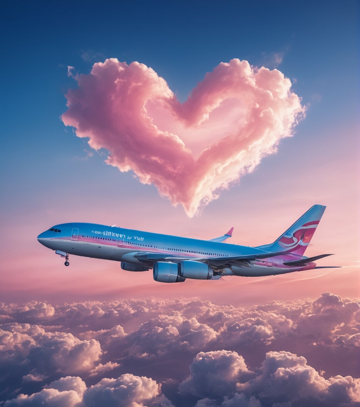 fantastic photograph, close up of a (realistic airplane flying) in of a precious heart shaped clouds, pink sky blue gradient, realistic sunset, heavenly majestic heart, ultra detailed textures sky , , (best quality), ultra high resolution, (ultra sharp), (valentine style), fantasy art,outline,cloud that looks like,more detail XL