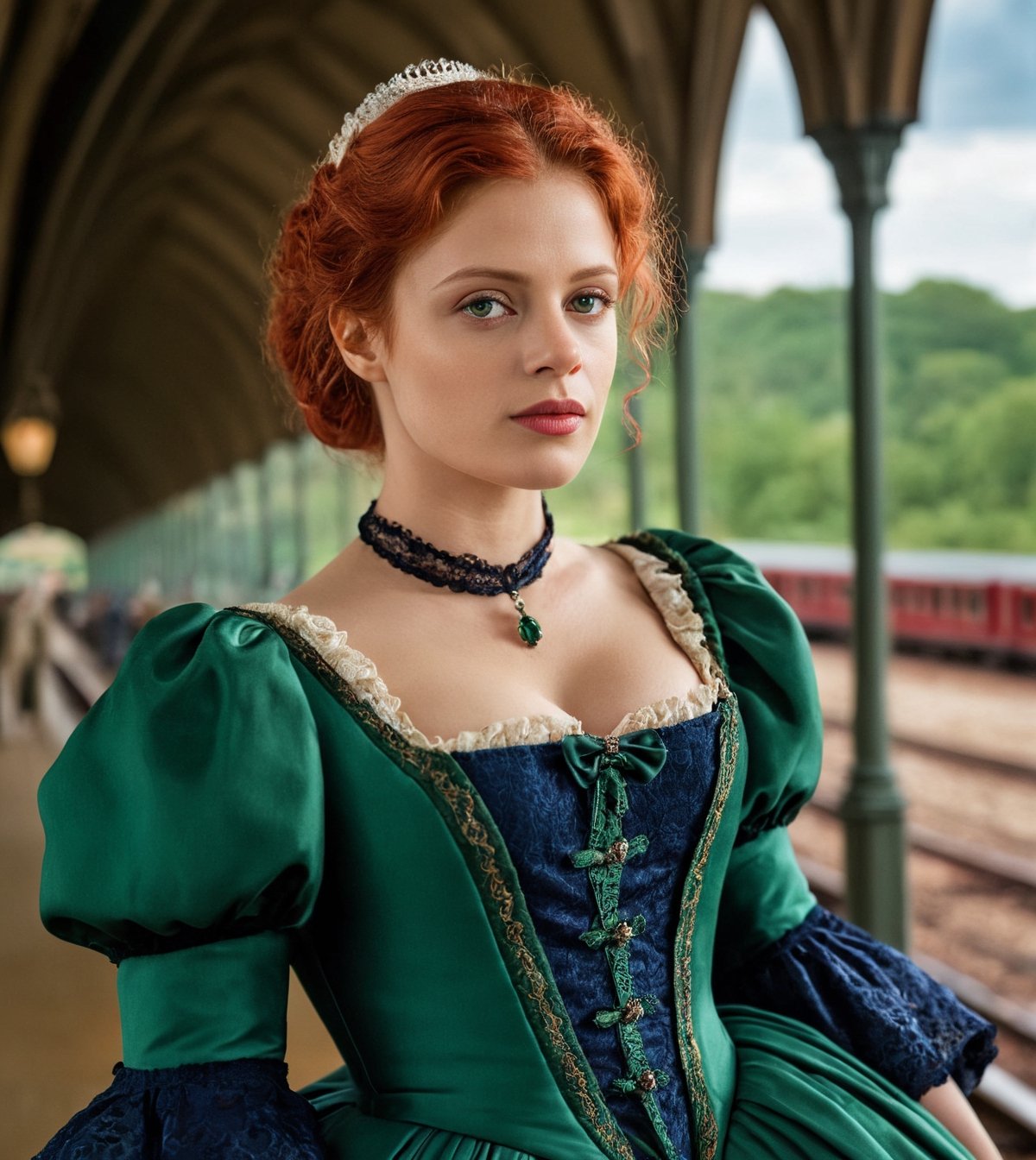 woman, full lips, red hair, nature radiant eyes, melanie thierry, wearing a green victorian dress, dark blue , Nikon D850, 85mm lens, ((train station theme)), (masterpiece), ((ultra detailed)), (highly detailed CG illustration), (deadpan), (best quality: 1.2), texture of high quality, intricate details, detailed texture, high quality shadow, cinematic light