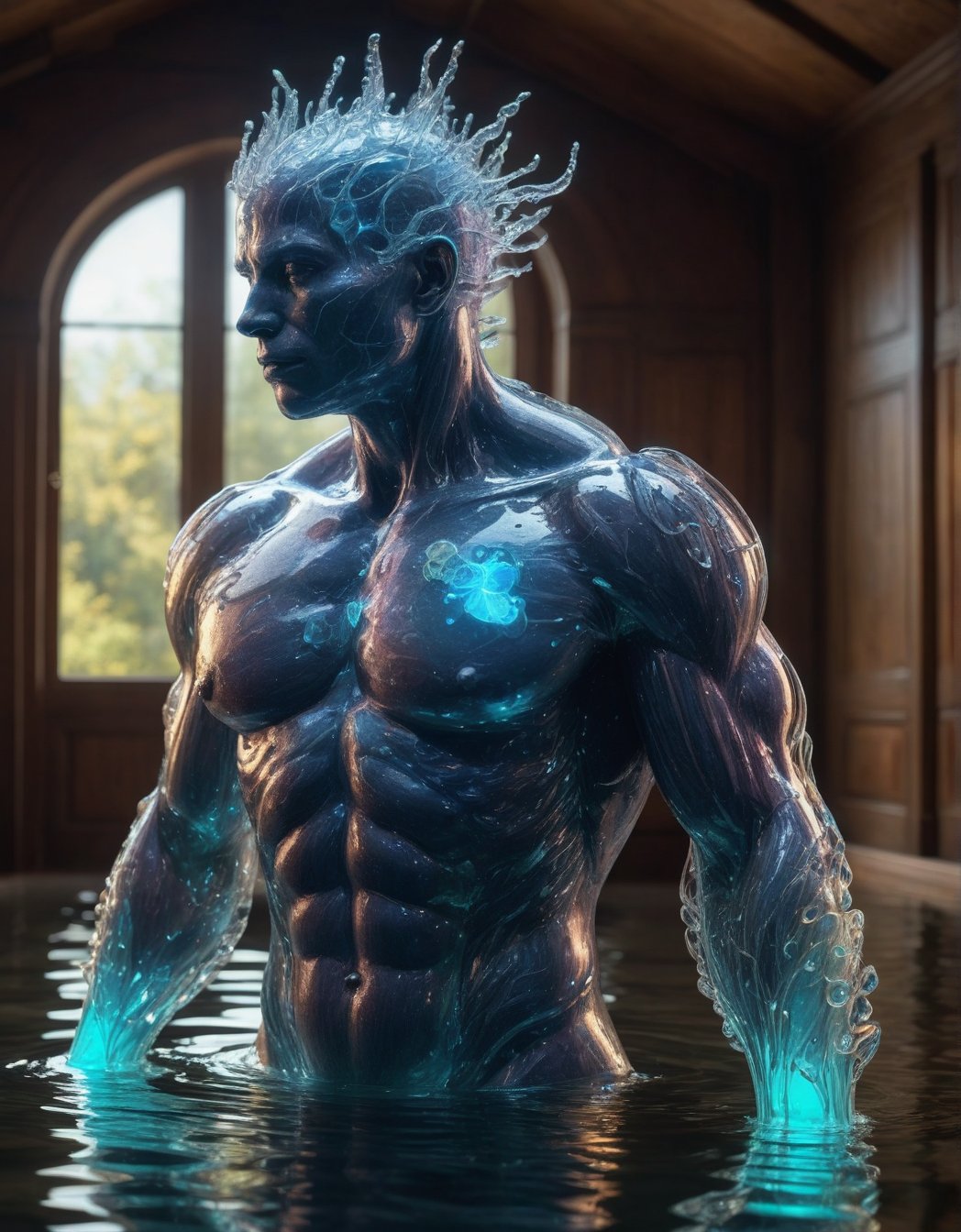 Ultra-realistic, hyper detailed and sharp photographic representation of a majestic body of human creature, in the style of Bioluminescent crystal liquid, vray tracing, raw character, 32k uhd, schlieren photography, conceptual medium body, creating a colorful and contrasting atmosphere, in a lake of a (Antique house), (vivid colors), (perfect contrast),DonMW15pXL