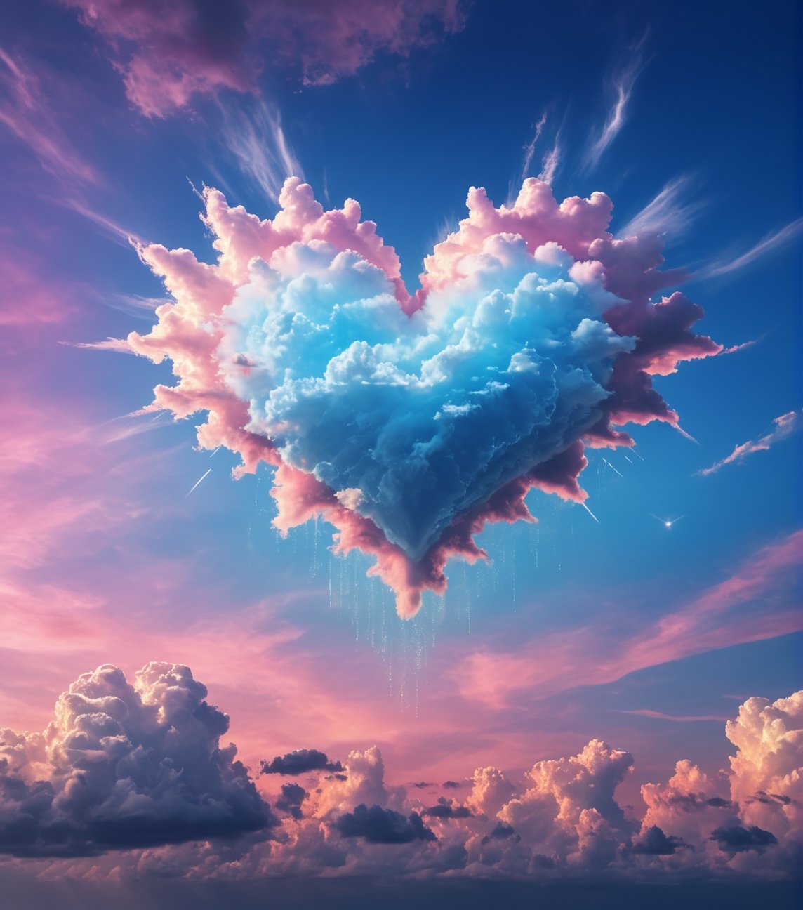 fantastic photograph, close up (first plane of a precious heart shaped clouds), pink sky blue gradient, realistic sunset, heavenly (rain of water hearts), ultra detailed textures sky , (best quality), ultra high resolution, (ultra sharp), valentine style, fantasy art,outline,cloud that looks like,more detail XL