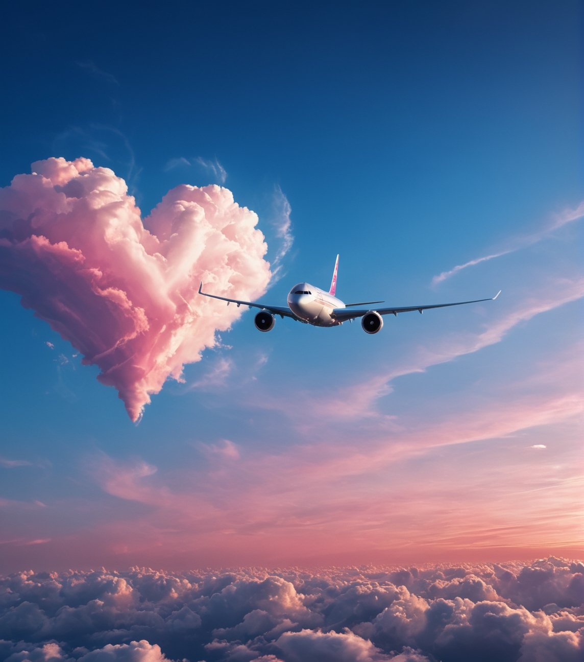 fantastic photograph, close up of a (realistic airplane flying) in of a precious heart shaped clouds, pink sky blue gradient, realistic sunset, heavenly majestic heart, ultra detailed textures sky , , (best quality), ultra high resolution, (ultra sharp), (valentine style), fantasy art,outline,cloud that looks like,more detail XL