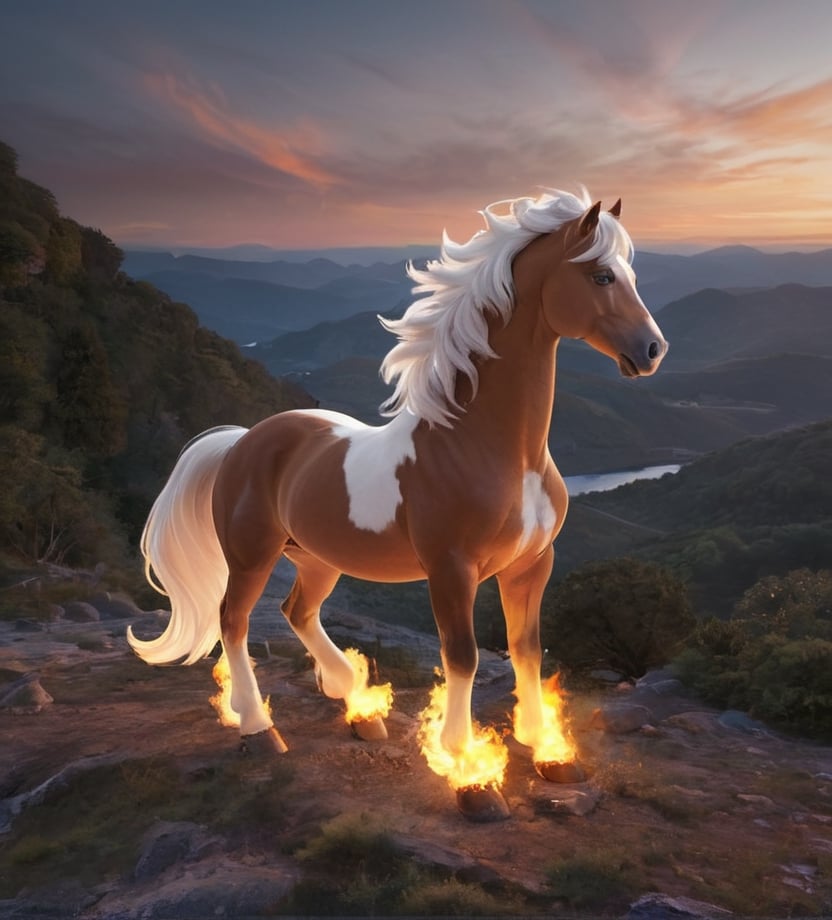 Hyper detailed photograph from a Canon PowerShot G7 mark III, ((full body)), ("Ponyta") of the saga ("Pokemon" series) pokedex, ((realistic white body of fire)), (((magic fire horse))), ((mane of fire)), ((Hyper detailed fire skinz)), sunset (ultra realistic pokemon style), (realistic sunset cinema lighting), nature island, montains, ((perfect hand)), perfect contrast color, (ultra sharp), ((high resolution), (professional focus), more detail XL, Extremely Realistic,Masterpiece,photorealistic