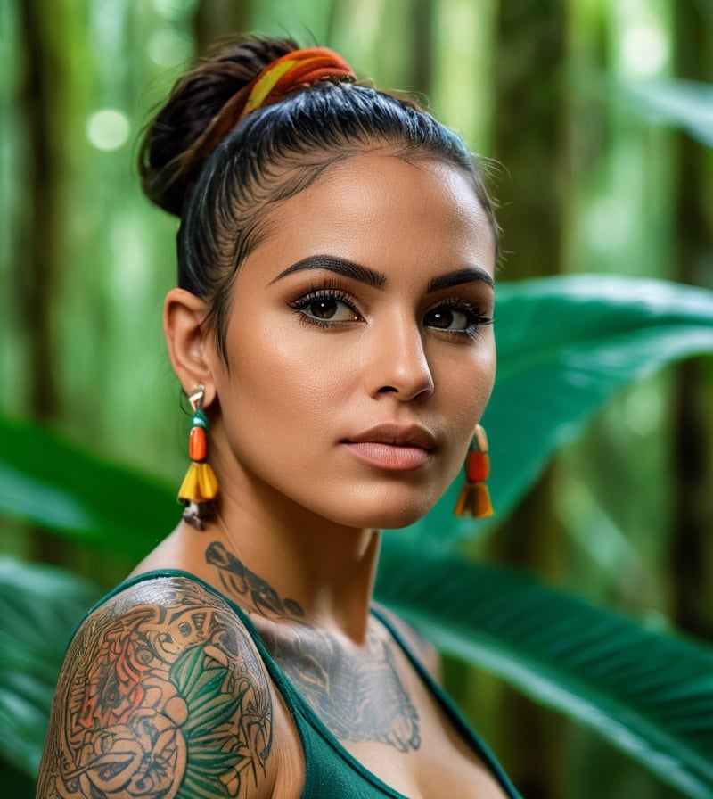portrait of an beautiful latin woman with tattos, in lush rainforest, bold and energetic colors, urban clothe , Nikon D850, 85mm lens, ((Nature theme)), (masterpiece), ((ultra detailed)), (highly detailed CG illustration), (deadpan), (best quality: 1.2), texture of high quality, intricate details, detailed texture, high quality shadow, cinematic light