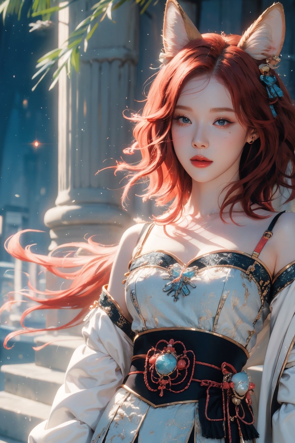 short red hair, 1girl, half body, accessories, piercing, intricate background, fantasy, mythical, misterious, masterpiece, best quality, dynamic angle, cinematic composition, aespawinter, white clothes, fox tail,