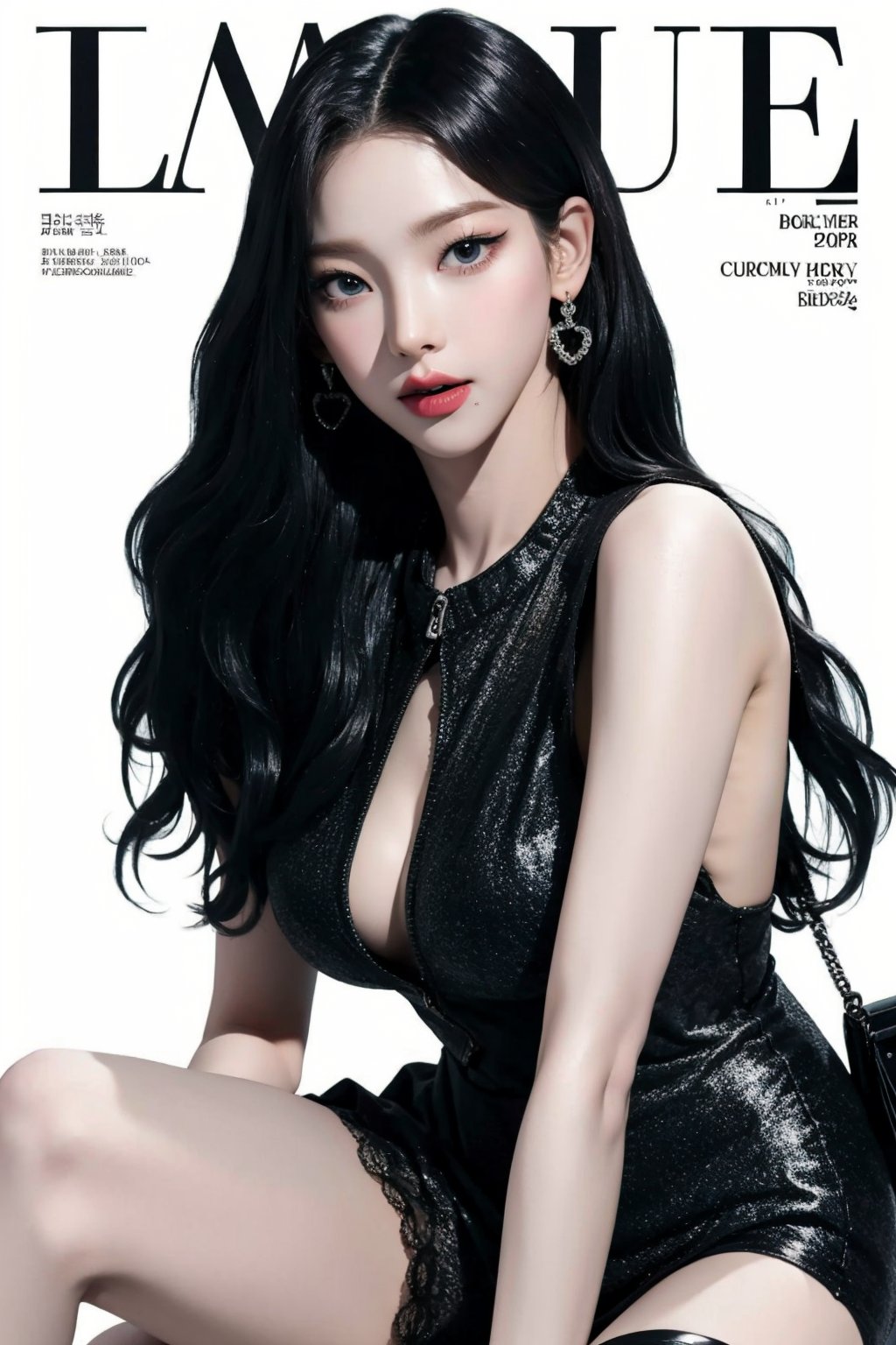 1girl, thigh up body, looking at viewer, styled clothes, hairstyle, aespakarina, magazine cover, earrings, 