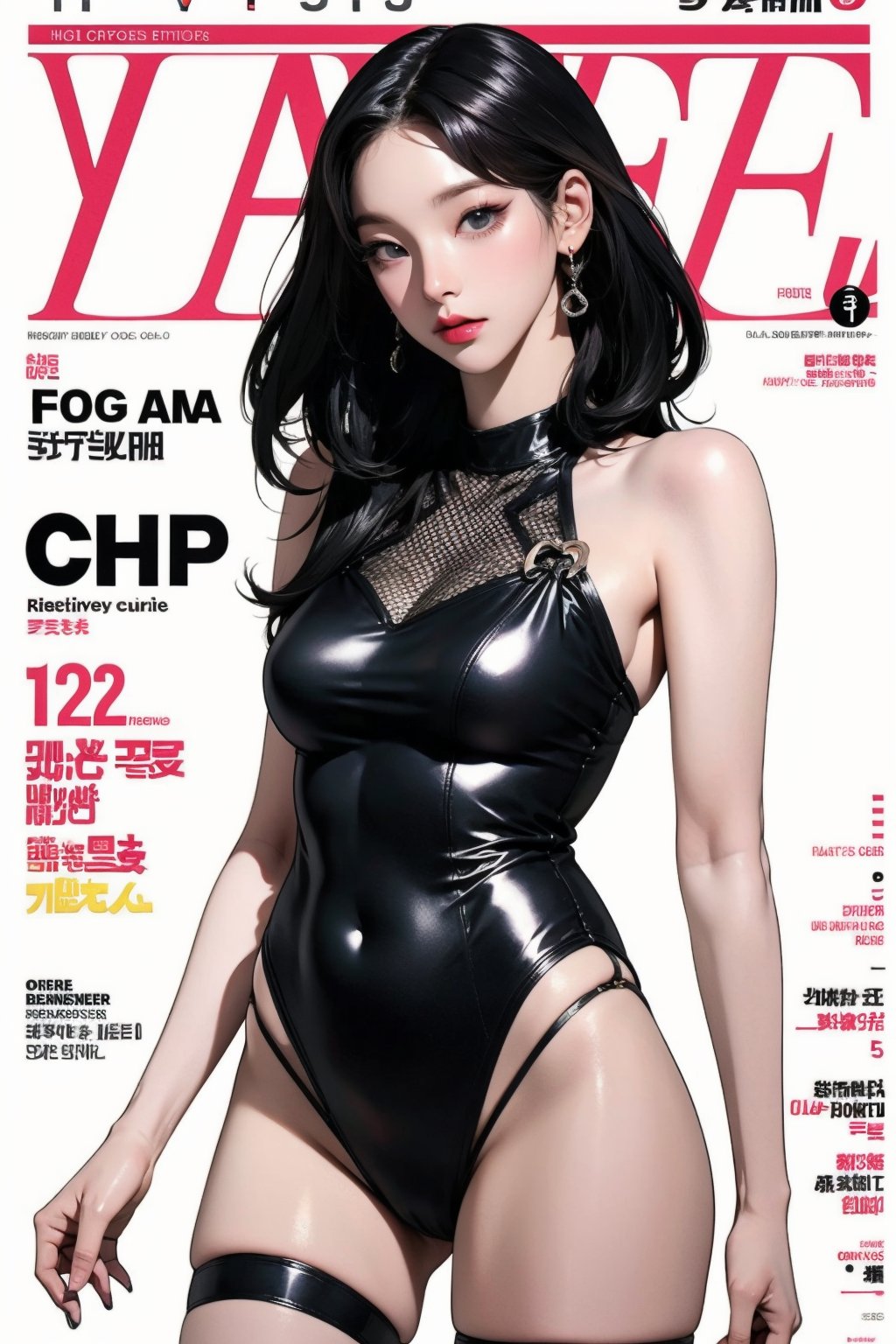 1girl, thigh up body, standing, looking at viewer, styled clothes, hairstyle, aespakarina, magazine cover, earrings, 