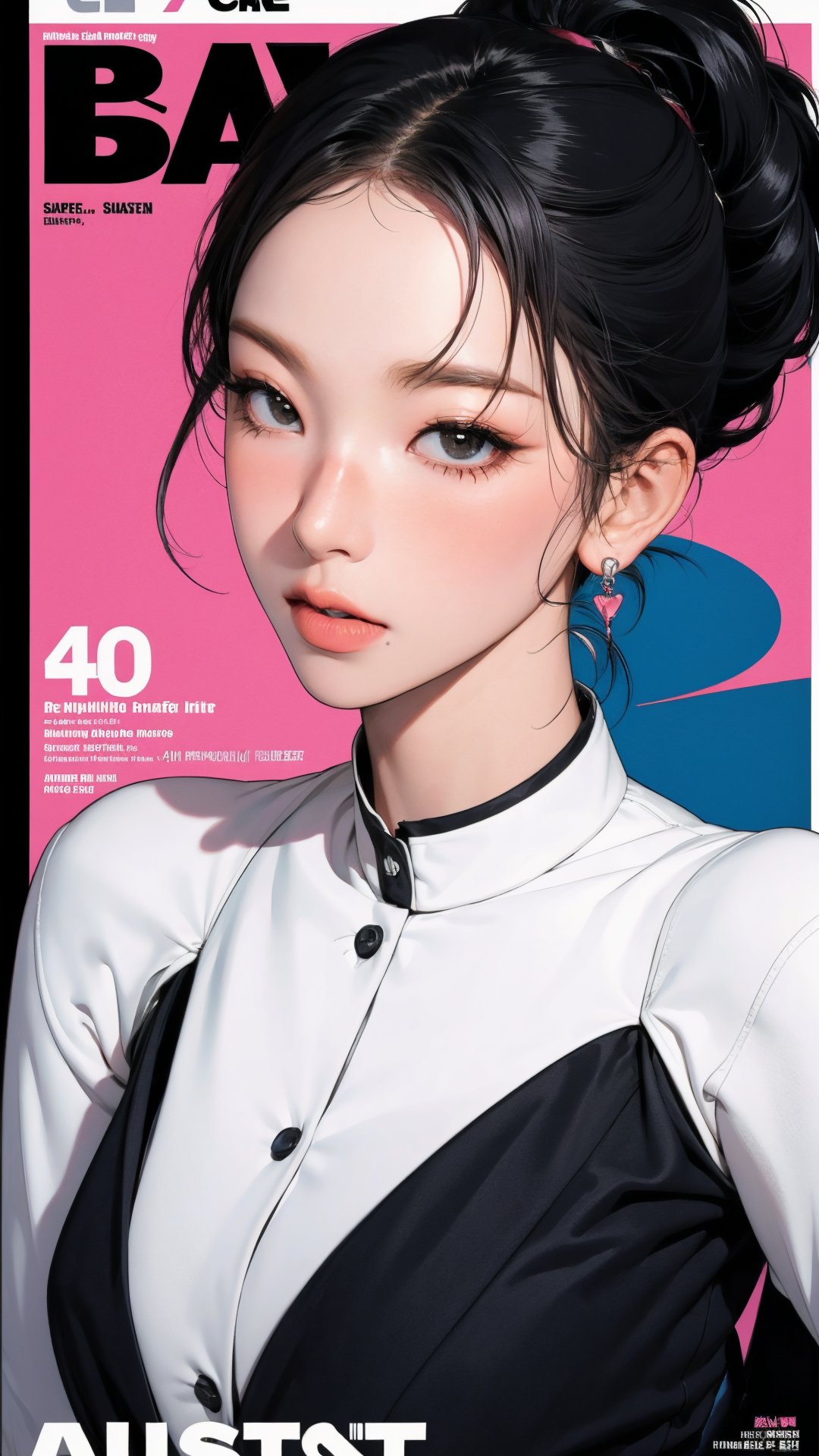 1girl, hip up body, looking at viewer, blush, styled clothes, outline, earings, hairstyle, magazine cover, ultra detailed, best quality, sharp focus, aespakarina,