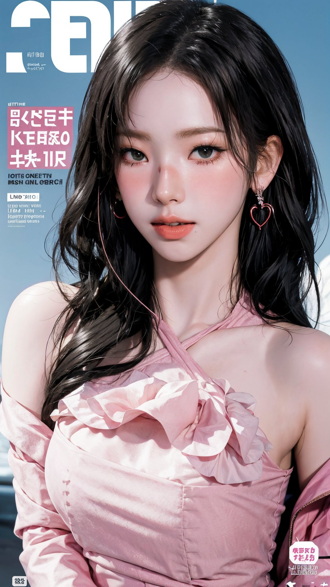 1girl, hip up body, looking at viewer, blush, styled clothes, outline, earings, hairstyle, magazine cover, ultra detailed, best quality, sharp focus, aespakarina,