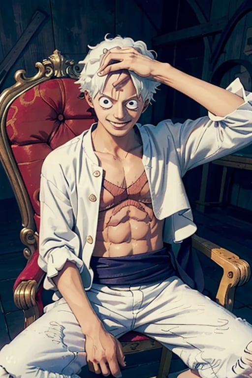 {{masterpiece}}, Luffy(anime One Piece), detailed face, handsome face, perfect eyes, red eyeballs, Luffy hairstyle, white hair, ideal body, muscular, sitting on a luxury chair, royal chair, looking at the camera, open plain white shirt, shorts, white pants, purple cloth around the waist, smiling, perfect anatomy, pirate ship background, early morning, half body camera shot, 3D, CGI, high detail, isometric, excellent lighting, best quality, high contrast, realistic, cinematic, professional, smooth, photorealistic, very realistic, 8k high resolution, epic, highly detailed,gear fifth