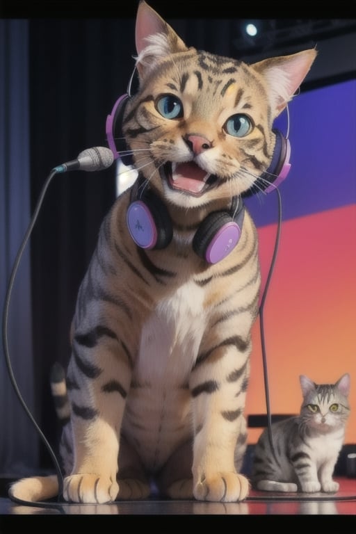 funny cat with headphones on stage with a microphone telling jokes in front of the audience