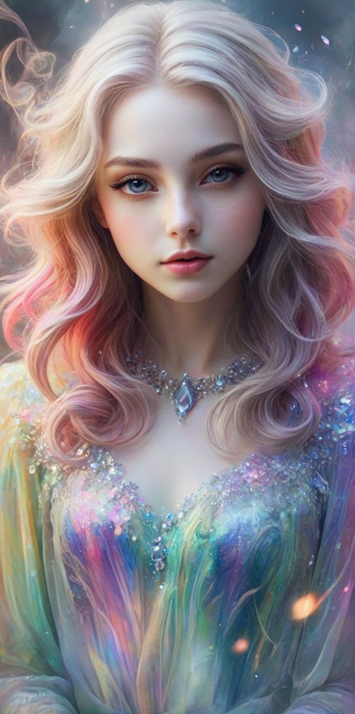 beautiful girl 19 yo, ((translucent)), clear, ((ghostly)), colorful smoke, ((ghostly)), transparently air, amazingly fluid air, detailed, light particles, vivid color, artgerm, dreamlike, pretty face, masterpiece, ,crystal_clear,SelectiveColorStyle