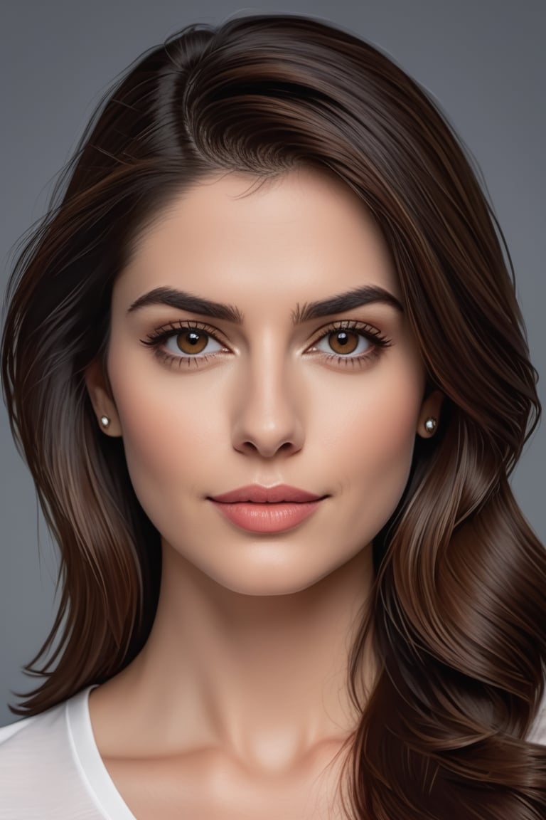 craft a hyper realistic vertical photo of Indian most attractive serious woman in her 30s in T-shirt Dresses, trending on artstation, portrait, digital art, modern, sleek, highly detailed, formal, serious, determined, CEO, colorized, smooth, charming, pretty, soft smile, soft lips, black eyes, Trendsetter wolf cut brown hair, anne hathway,