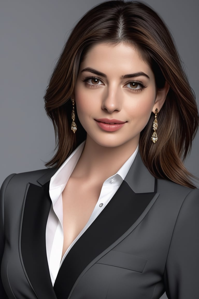 craft a hyper realistic vertical photo of Indian most attractive serious woman in her 30s in black-white shirt suit dress, Choker Necklace Belt, extra big chest, 36D, Trendsetter wolf cut brown hair, trending on artstation, portrait, digital art, modern, sleek, highly detailed, formal, serious, determined, CEO, colorized, smooth, charming, pretty, soft smile, soft lips, black eyes, anne hathway, belly_button