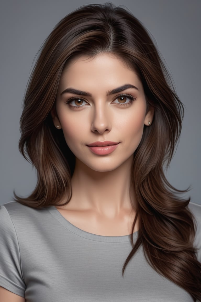 craft a hyper realistic vertical photo of Indian most attractive serious woman in her 30s in T-shirt Dresses, trending on artstation, portrait, digital art, modern, sleek, highly detailed, formal, serious, determined, CEO, colorized, smooth, charming, pretty, soft smile, soft lips, black eyes, Trendsetter wolf cut brown hair, anne hathway,