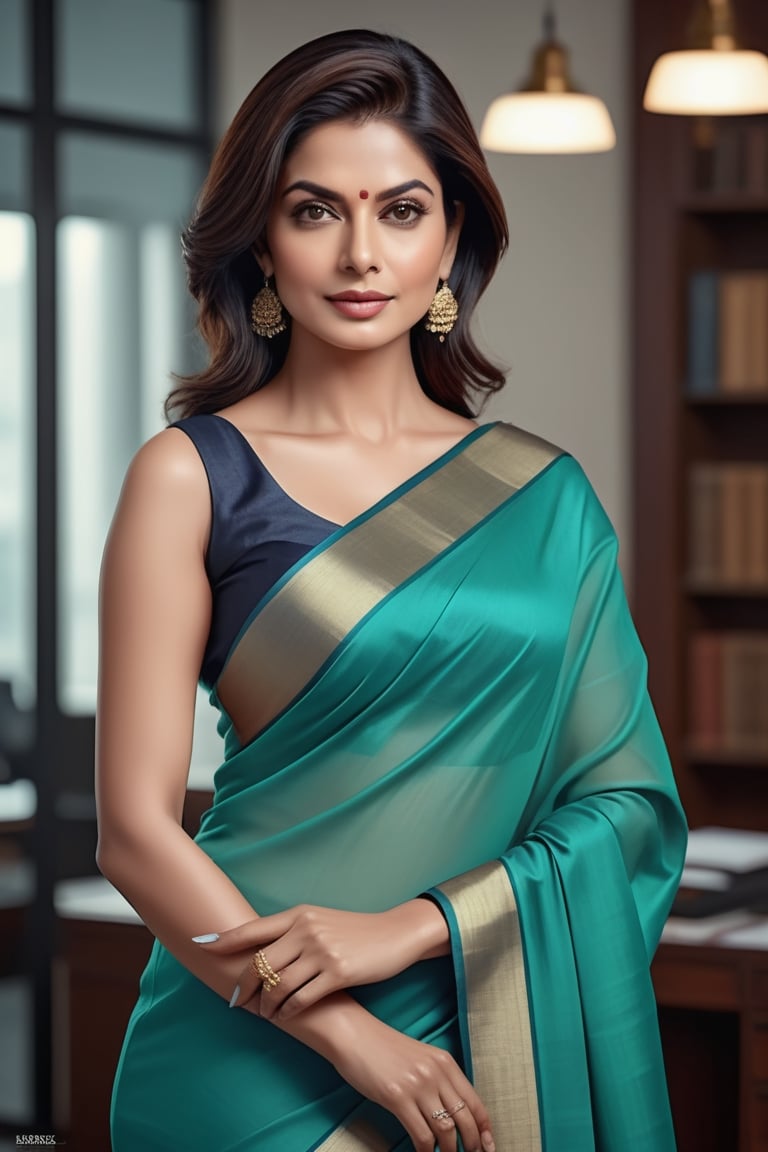 create a hyper realistic vertical photo of Indian most attractive woman in her 50s, Trendsetter wolf cut hair, trending on artstation, portrait, digital art, modern, sleek, highly detailed, formal, determined, wearing cotton saree, in luxurious office, 36D , fairy tone, fair skin, flirty gaze, anne hathway