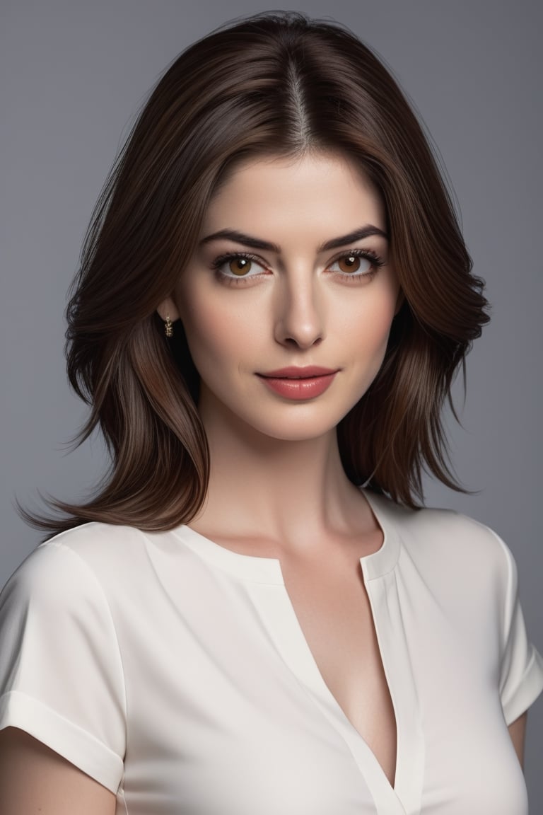 craft a hyper realistic vertical photo of Indian most attractive serious woman in her 30s, trending on artstation, portrait, digital art, modern, sleek, highly detailed, formal,  determined, CEO, colorized, smooth, charming, pretty, soft smile, soft lips, black eyes,  [[T-shirt Dresses]] [[Trendsetter wolf cut brown hair, ]] anne hathway,