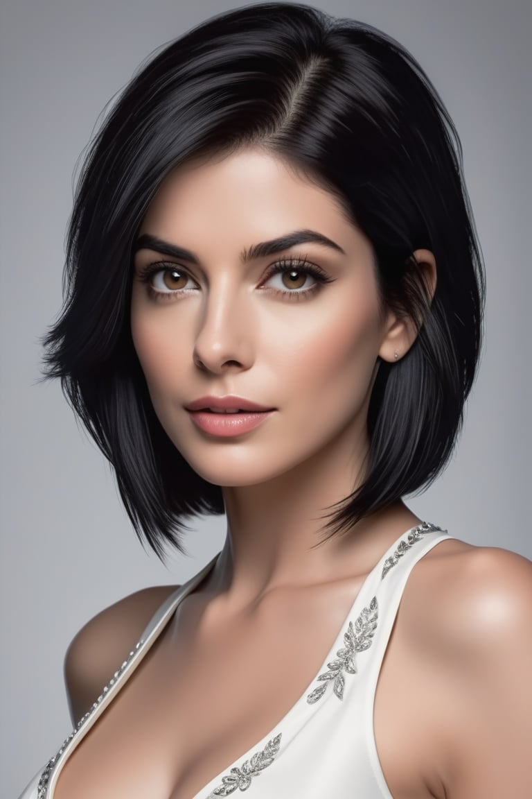 create a hyper realistic vertical photo of Indian most attractive woman in her 40s, Trendsetter wolf cut black hair, trending on artstation, portrait, digital art, modern, sleek, highly detailed, formal, determined, 36D , fairy tone, 
anne hathway, Trendsetter wolf cut black hair, white bra