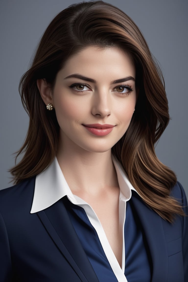 craft a hyper realistic vertical photo of Indian most attractive serious woman in her 30s in dark blue-white shirt suit dress, Choker Necklace Belt, extra big chest, 36D, Trendsetter wolf cut brown hair, trending on artstation, portrait, digital art, modern, sleek, highly detailed, formal, serious, determined, CEO, colorized, smooth, charming, pretty, soft smile, soft lips, black eyes, anne hathway