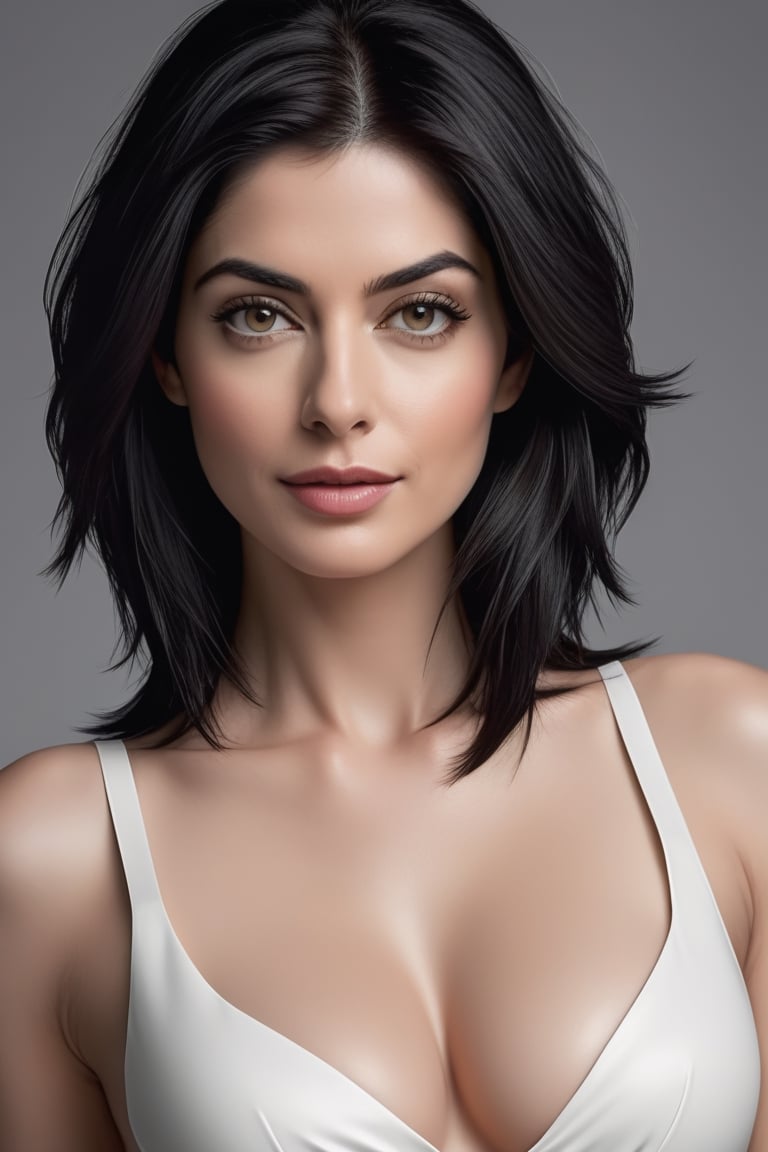 create a hyper realistic vertical photo of Indian most attractive woman in her 40s, Trendsetter wolf cut black hair, trending on artstation, portrait, digital art, modern, sleek, highly detailed, formal, determined, 36D , fairy tone, 
anne hathway, Trendsetter wolf cut black hair, white bra