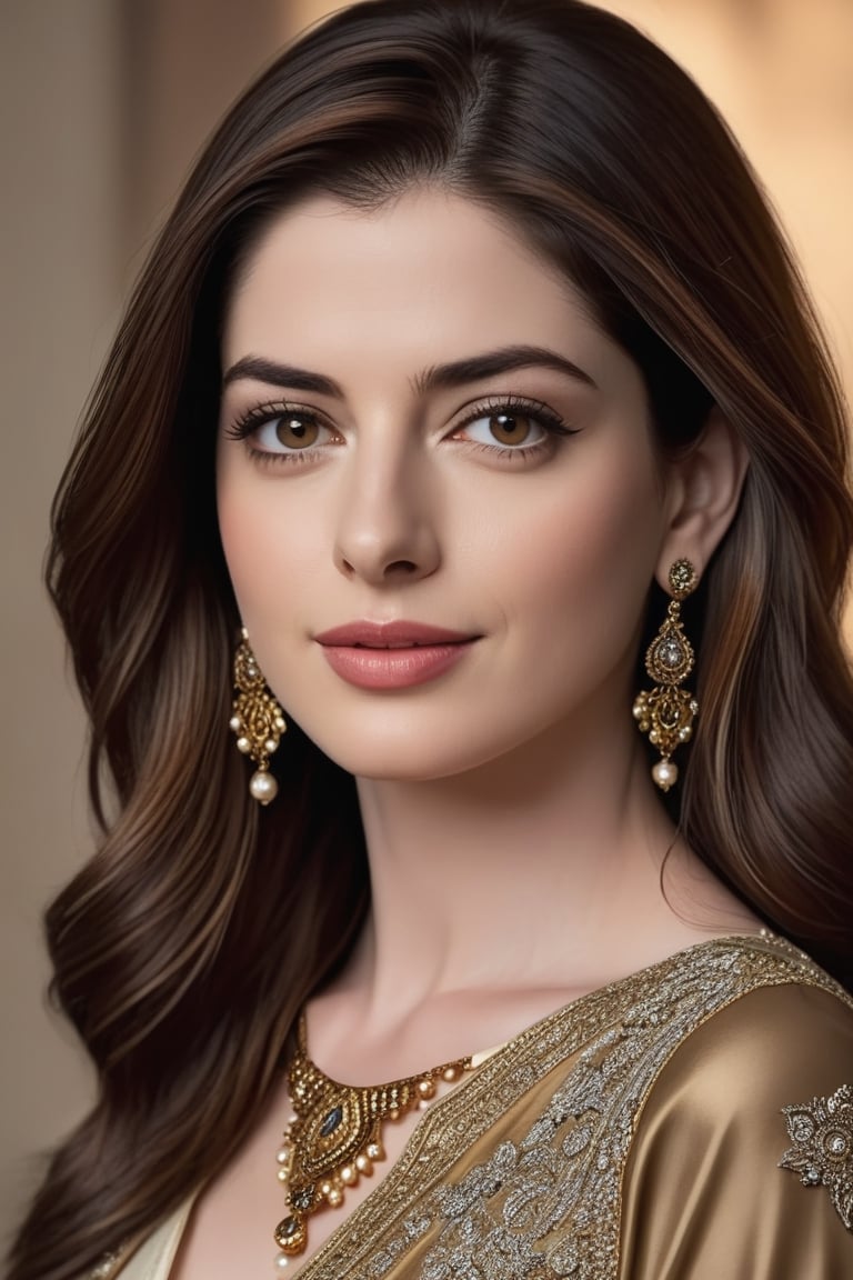 craft a hyper realistic vertical photo of Indian most attractive serious woman in her 30s, trending on artstation, portrait, digital art, modern, sleek, highly detailed, formal,  determined, CEO, colorized, smooth, charming, pretty, soft smile, soft lips, black eyes,  [[T-shirt Dresses]] [[Trendsetter wolf cut brown hair, ]] anne hathway,