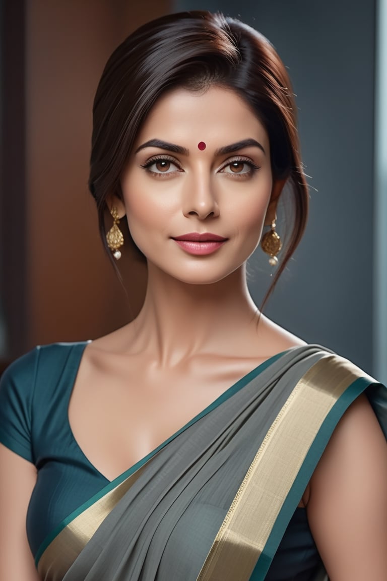 create a hyper realistic vertical photo of Indian most attractive woman in her 50s, Trendsetter wolf cut hair, trending on artstation, portrait, digital art, modern, sleek, highly detailed, formal, determined, wearing cotton saree, in luxurious office, 36D , fairy tone, fair skin, flirty gaze, anne hathway