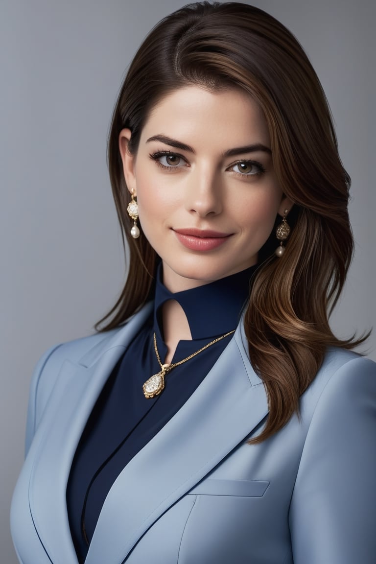 craft a hyper realistic vertical photo of Indian most attractive serious woman in her 30s in dark blue-white shirt suit dress, Choker Necklace Belt, extra big chest, 36D, Trendsetter wolf cut brown hair, trending on artstation, portrait, digital art, modern, sleek, highly detailed, formal, serious, determined, CEO, colorized, smooth, charming, pretty, soft smile, soft lips, black eyes, anne hathway