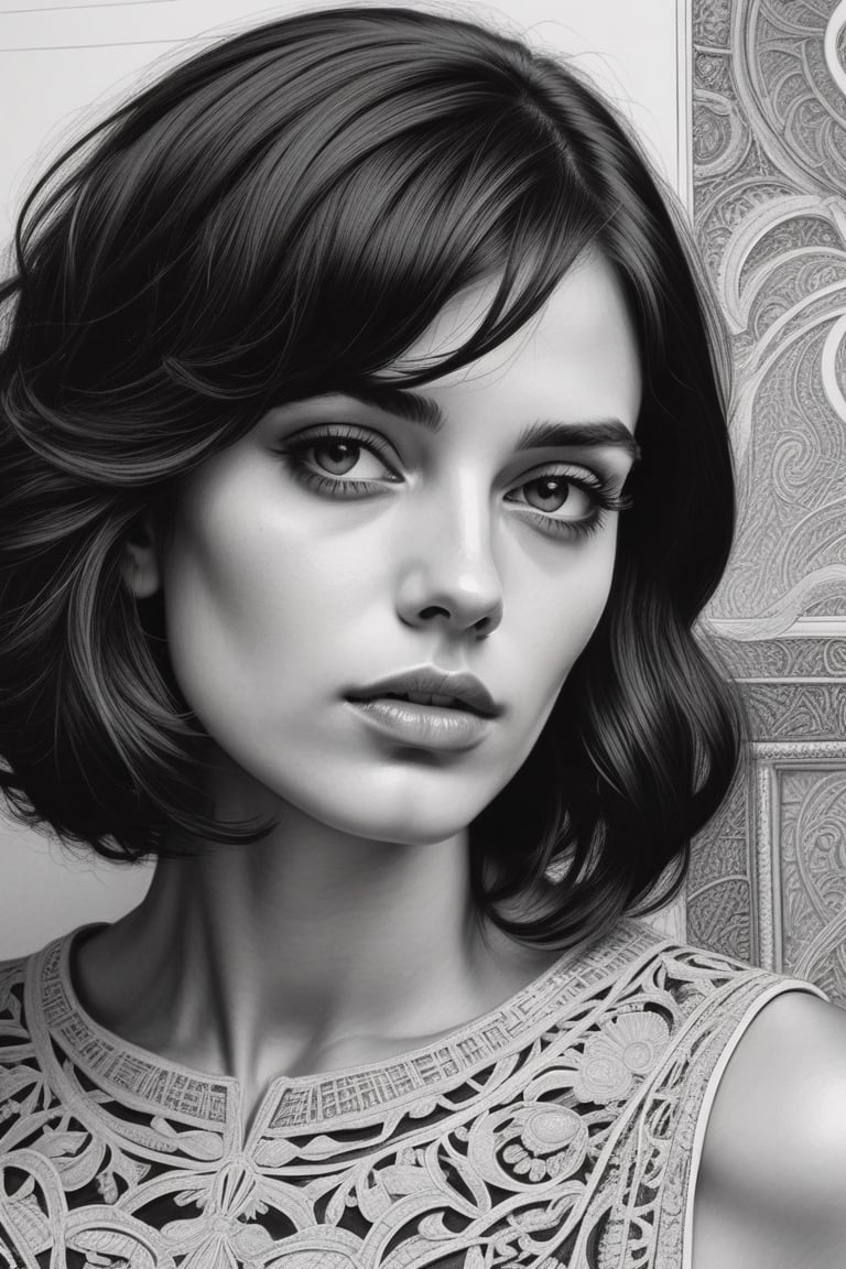 (((iconic illustration beautiful woman but extremely beautiful)))
(((intricate details,masterpiece,best quality)))
(((drawing Black charcoal pencil)))
(((Indoors room, open spaces, epic, minimalist, concrete,monochrome))) 
(((looking at viewer, view face profile, view macro zoom face)))
(((lining on the cheek)))
(((white paper background)))
(((Black hair bob_curt,1920s age style)))
(((by Diane Arbus style)))