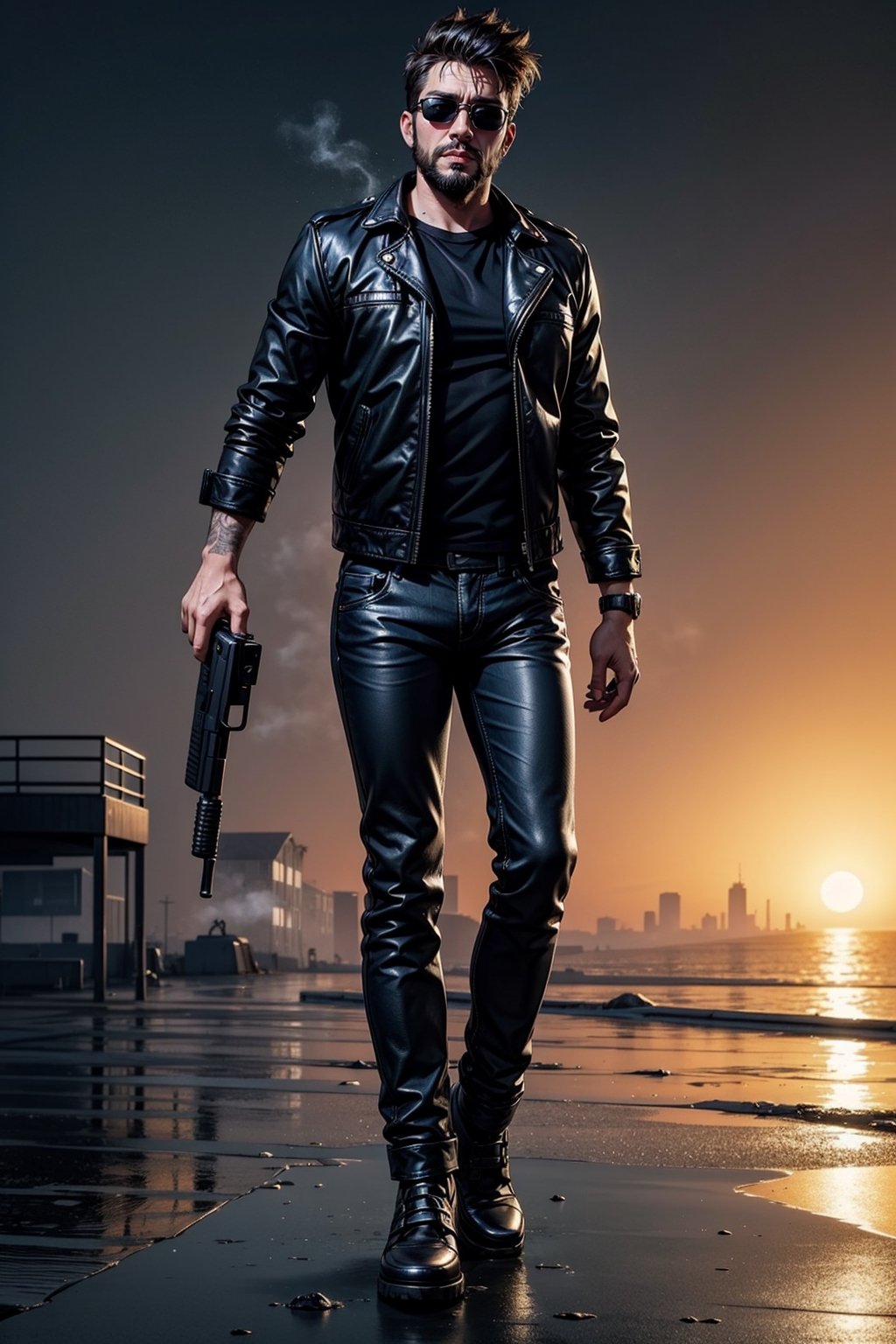 A handsome bearded man, sunglasses, grey messy hair, athletic, muscular, wearing black leather jacket, Terminator movie like, standing at the on fire rooftop building while rain, carrying gun, wet hair and clothes, full body, epic sunset background, misty, foggy, shallow depth of field, bokeh, cinematic, masterpiece, best quality, high resolution,mecha,3d