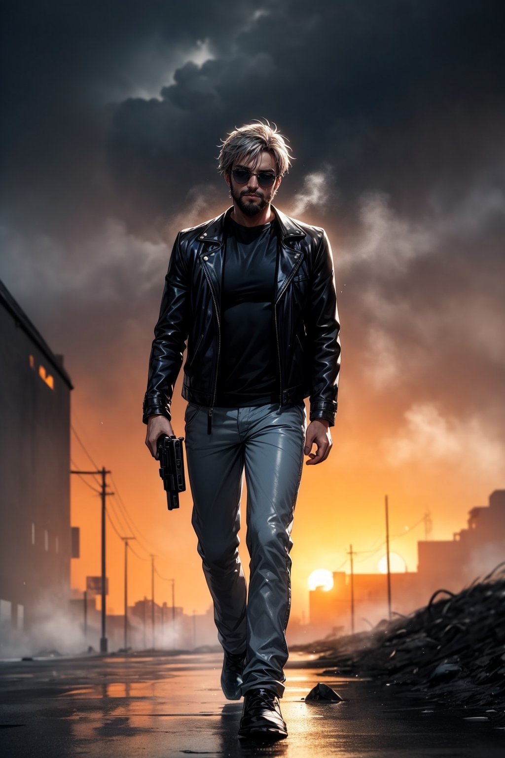 A handsome bearded man, sunglasses, grey messy hair, athletic, muscular, wearing black leather jacket, Terminator movie like, standing at the on fire rooftop building while rain, carrying gun, wet hair and clothes, full body, epic sunset background, misty, foggy, shallow depth of field, bokeh, cinematic, masterpiece, best quality, high resolution,mecha