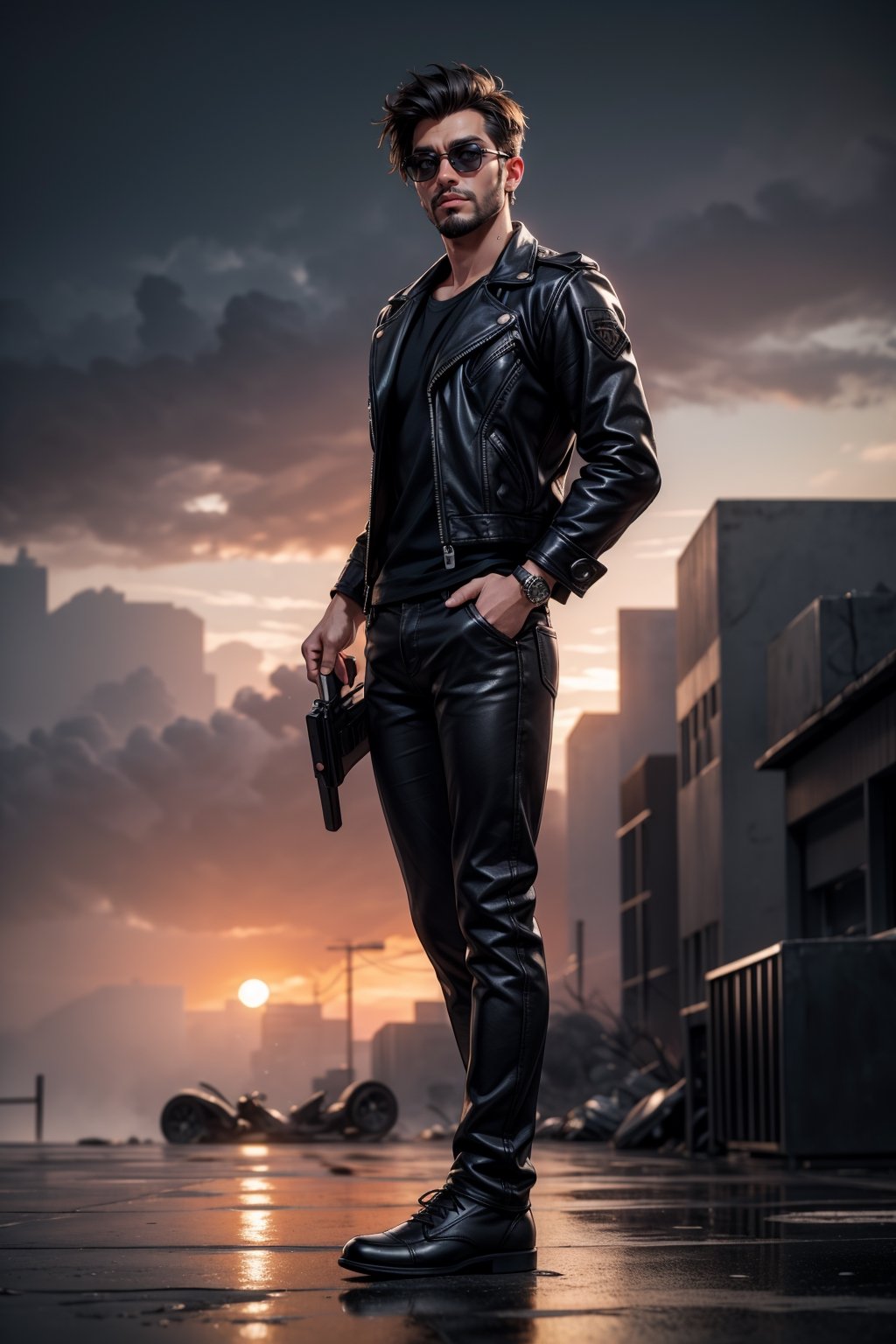 A handsome bearded man, sunglasses, grey messy hair, athletic, muscular, wearing black leather jacket, Terminator movie like, standing at the on fire rooftop building while rain, carrying gun, wet hair and clothes, full body, epic sunset background, misty, foggy, shallow depth of field, bokeh, cinematic, masterpiece, best quality, high resolution,mecha,3d