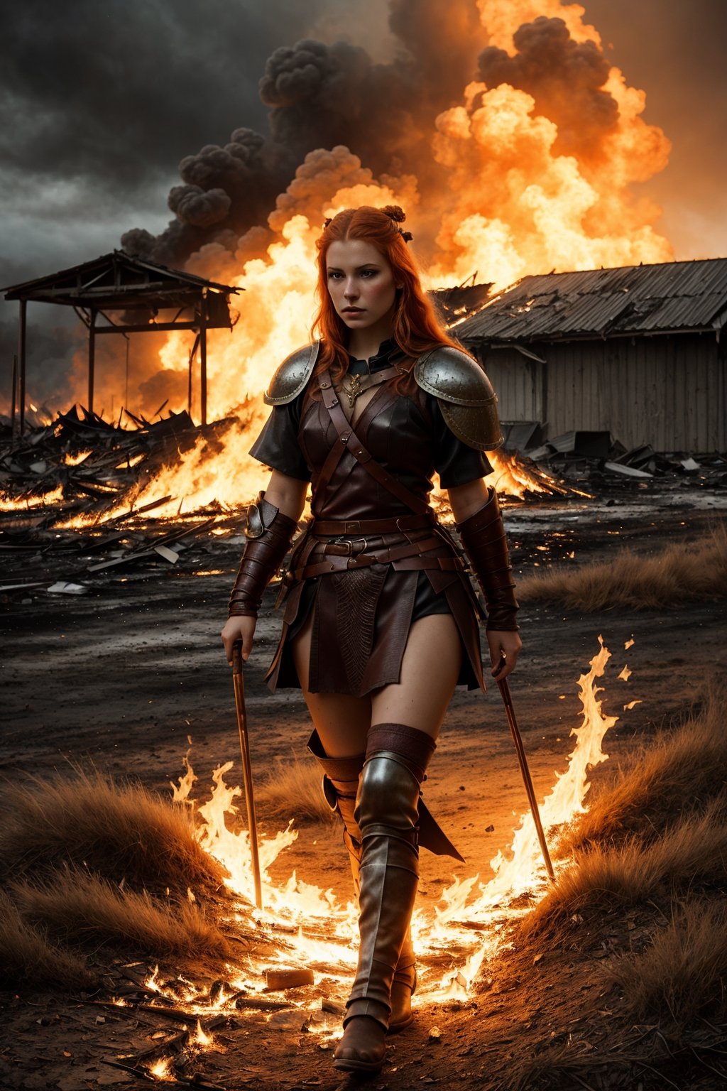 (Detailed depiction, ginger divine viking), In this vivid scene, a ginger-haired female divine viking, her once-proud full plate armor now heavily damaged, stands in melancholic reflection on a war-ravaged battlefield. The backdrop of fire and destruction casts a somber atmosphere, with dirt, misery, and decadence in every corner. The use of tetradic colors enhances the emotional impact, creating a dark and memorable image.