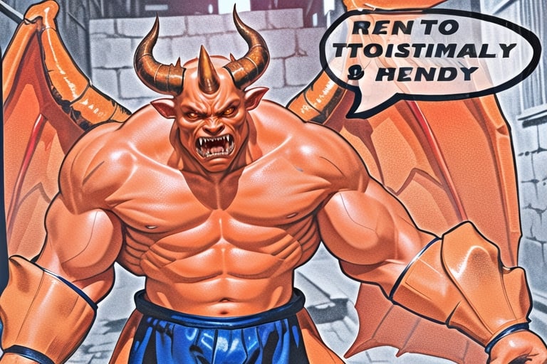 high_resolution, high quality, realistic 8k orange hard skin with wings  demon,with threehorns very strong fierce and evil, standing in a dark alley in night