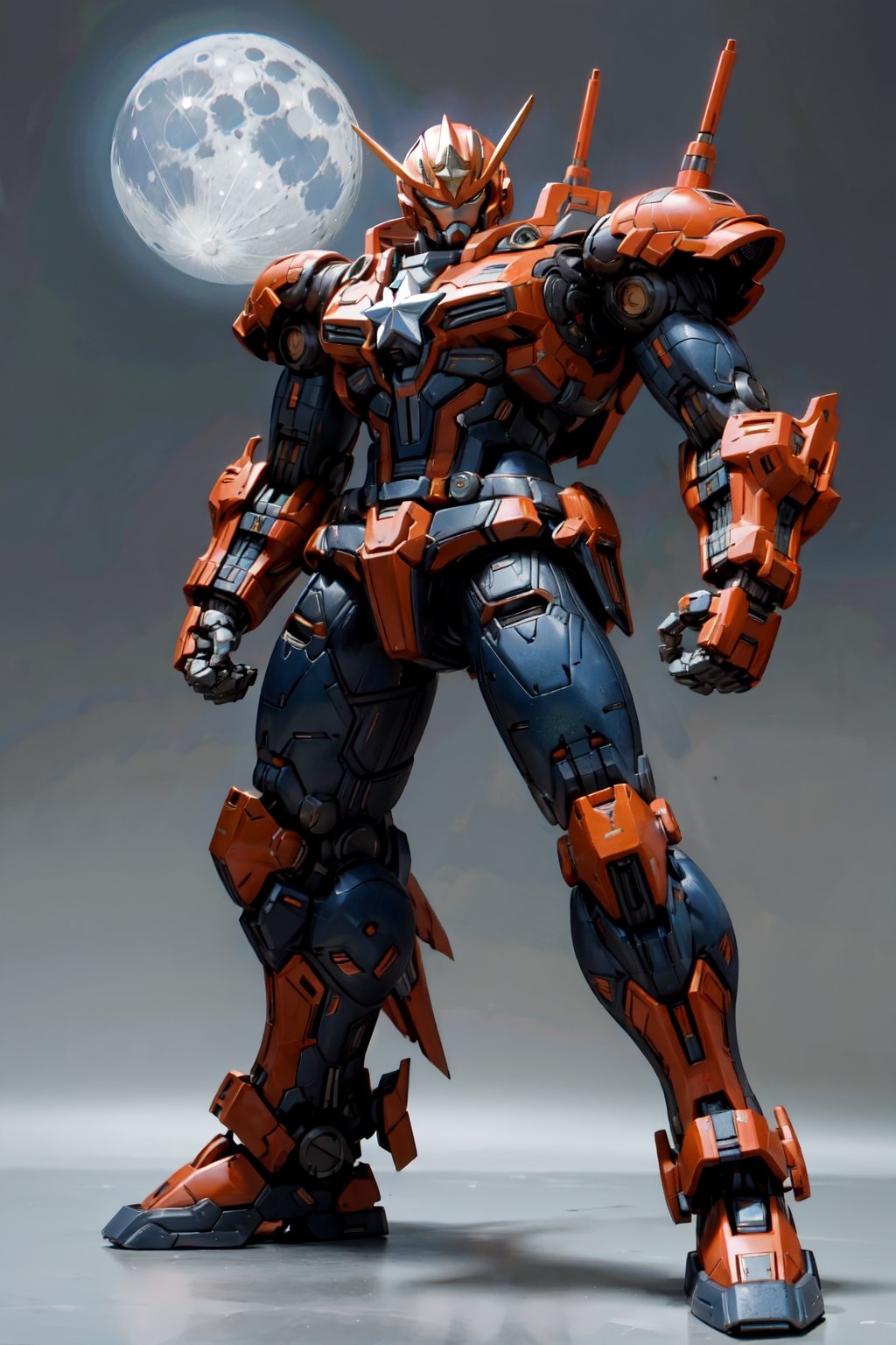 Mech solo, captain marvel colorway, standing, full body, grey background, no humans, robots in background, mecha, clenched hands, science fiction, looking ahead hero stance, nighttime scene full_moon, 