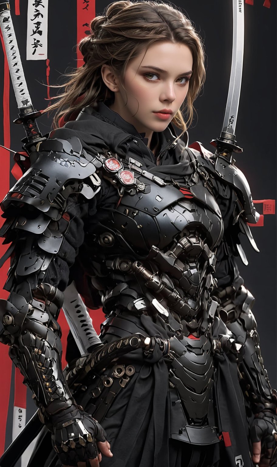 solo, 1woman,Scarlett Johansson, weapon, male focus, sword, armor, facial hair, sheath, beard, sheathed, samurai,text,"The Last SAMURAI"