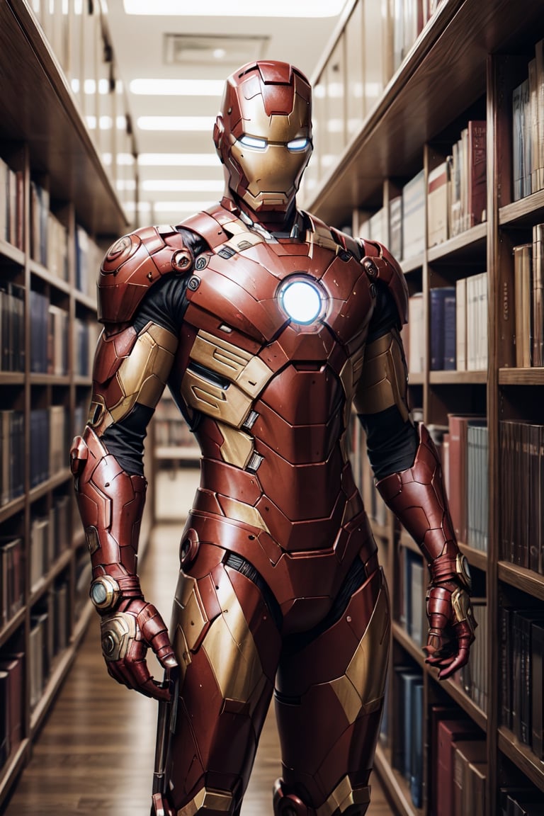 Cinematic photo thin, fine fractal glossy vivid colored ink sketch shiny contours outlines of librarian ironman. 35mm photograph, skinny, film, bokeh, professional, 4k, highly detailed, stands at the library, bsp,Night scene
