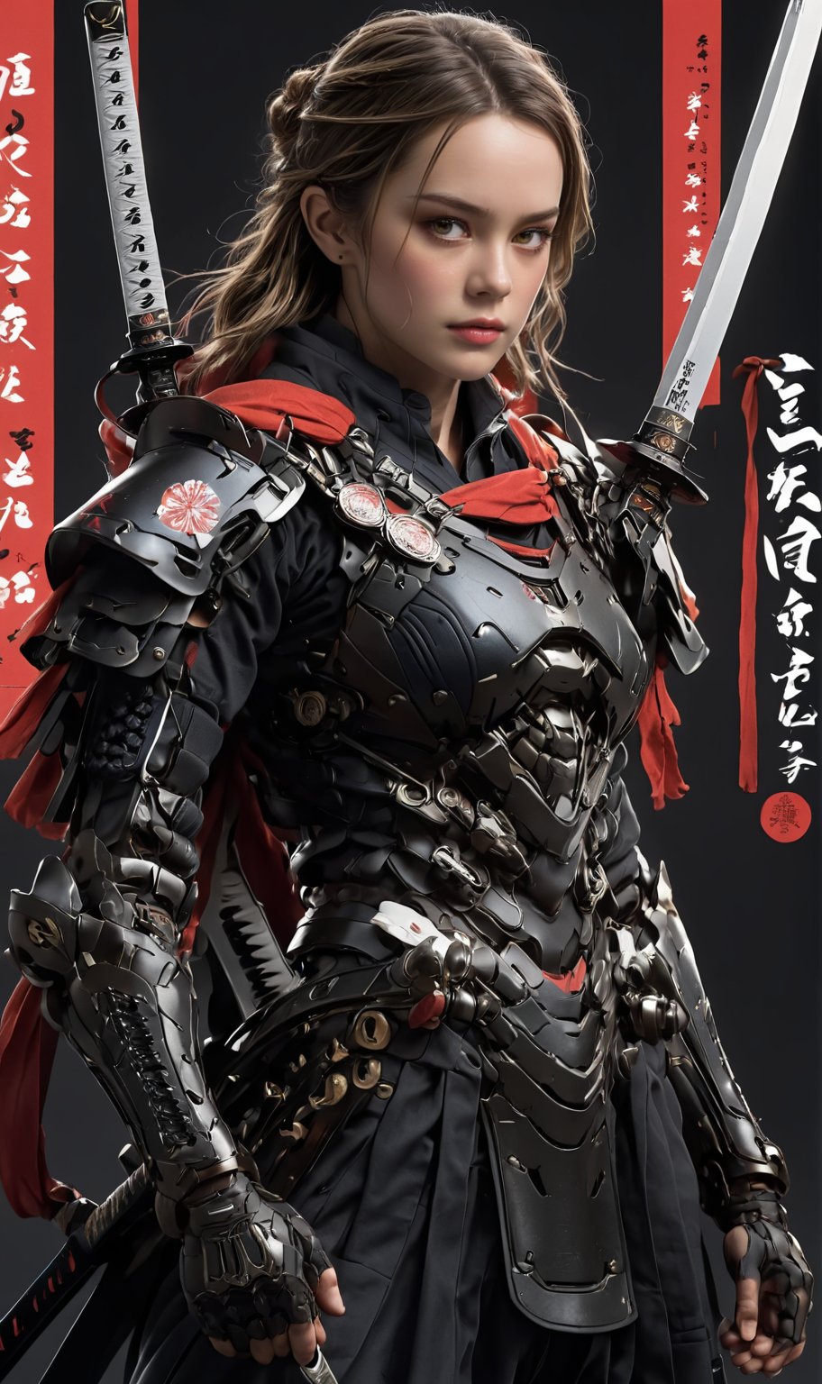 solo, 1woman,Brie Larson, weapon, male focus, sword, armor, facial hair, sheath, beard, sheathed, samurai,text"TOM CRUISE,The Last SAMURAI"