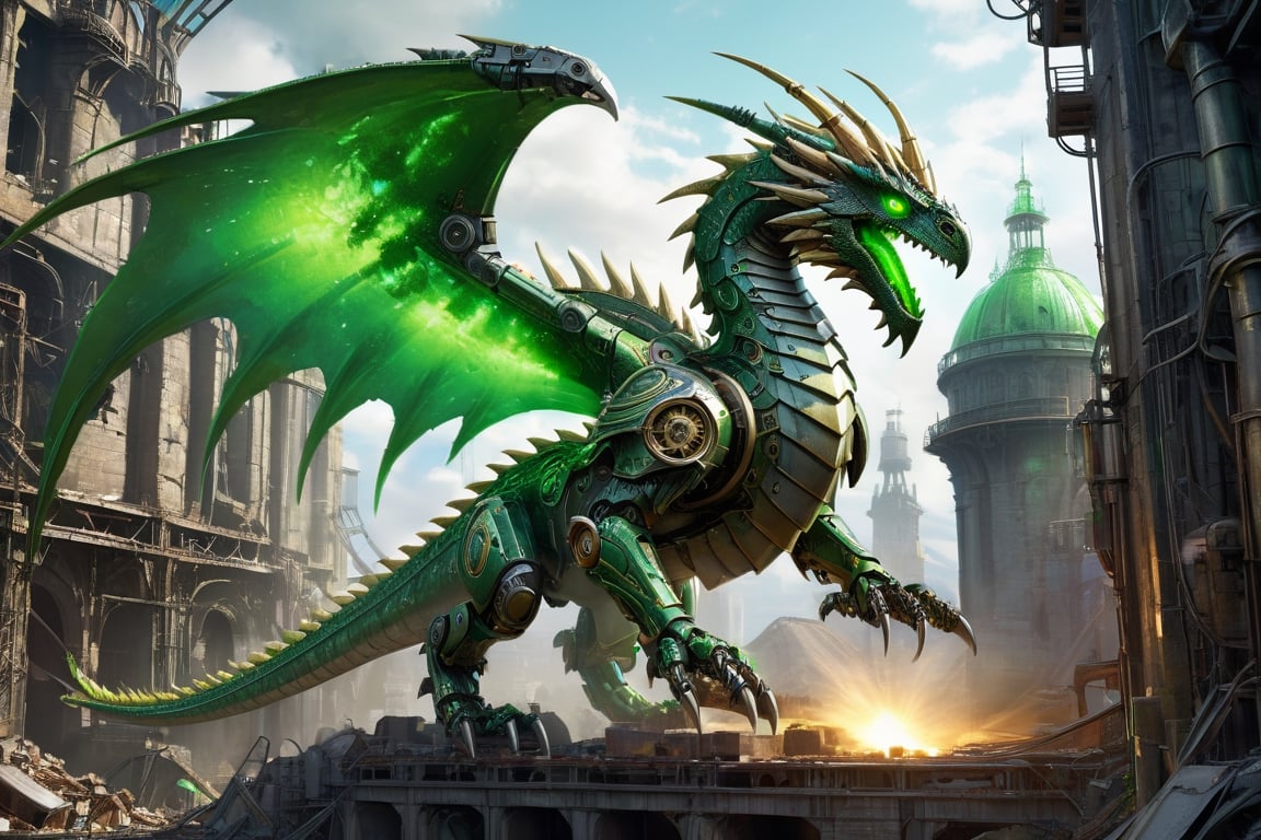 concept art mechanoid green (dragon:1.3) on industrial ruins ,(raptor-robot head:1.2), (green glowing eyes:1.8), large wings, 4 paws, (full body:1.8), steam punk, plate armor, one tail, intricately detailed, digital artwork, illustrative, painterly, matte painting, highly detailed, wide angel view, (full body shot:1.8), detailmaster2, monster