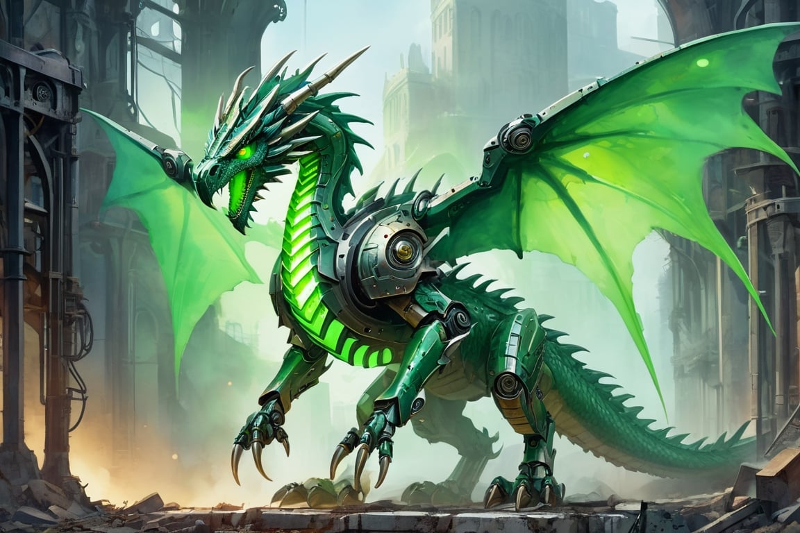 concept art mechanoid green (dragon:1.3) on industrial ruins,(raptor-robot head:1.2), (green glowing eyes:1.8), large 2wings, 4paws, (full body:1.8), steam punk, plate armor, one tail, intricately detailed, digital artwork, illustrative, (painterly:1.8), (watercolour:1.8), matte painting, highly detailed, wide angel view, (full body shot:1.8), detailmaster2, monster,flat design