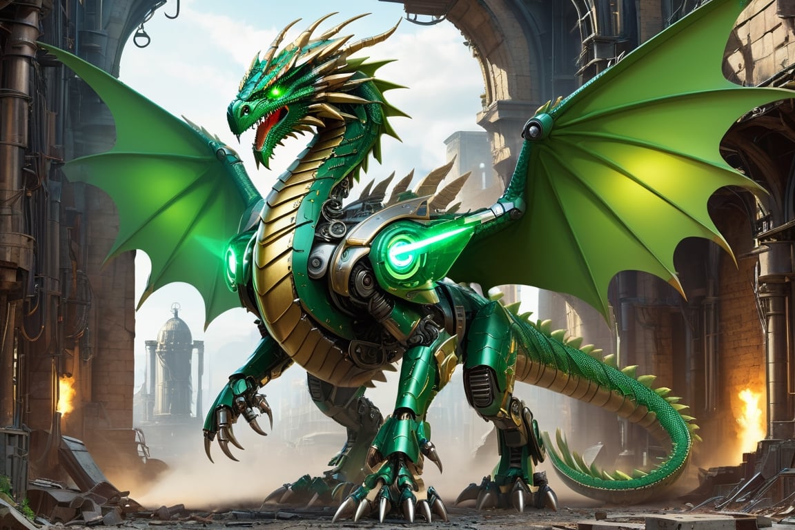 Leonardo Style, vector illustration, mechanoid green (dragon:1.3) on industrial ruins ,(raptor-robot head:1.2), large wings, 4 paws, (full body:1.8), steam punk, plate armor, glowing eye, one tail, intricately detailed, trending on artstation, intricate, hit definition, cinematic, 4k resolution, wide angel view, (full body shot:1.8), detailmaster2, monster