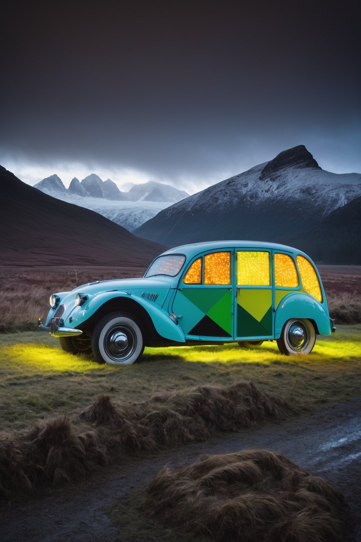 by Tom Fruin, Airbrush painting, landscape of a 1950'S Luminescent (Fen:1.1) and Electric Vehicle, mountains, Foggy conditions, Movie still, back-light, Flickr
