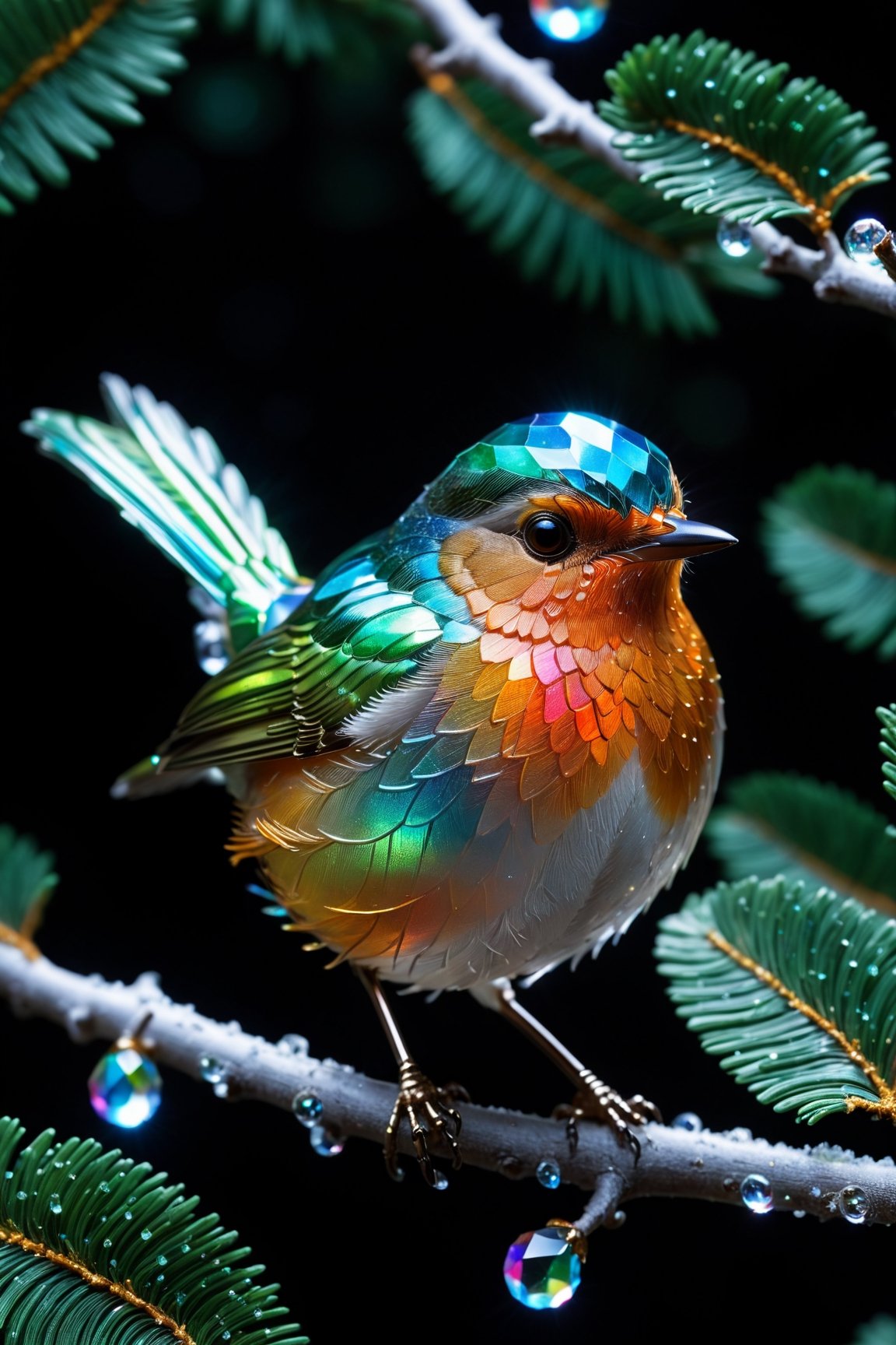 Highly detailed shot of an (((iridescence))) crystal sculpture in the shape of a European robin on a crystal tree branch, often associated with the arrival of spring. In folklore, the robin is sometimes depicted as a symbol of good luck or as a harbinger of news from the spirit world, vibrant background, full motion effects, diagonal view, crystal particles glittering, back light, ultra sharp focus, high speed shot, vibrant color, Bioluminescence, high quality

