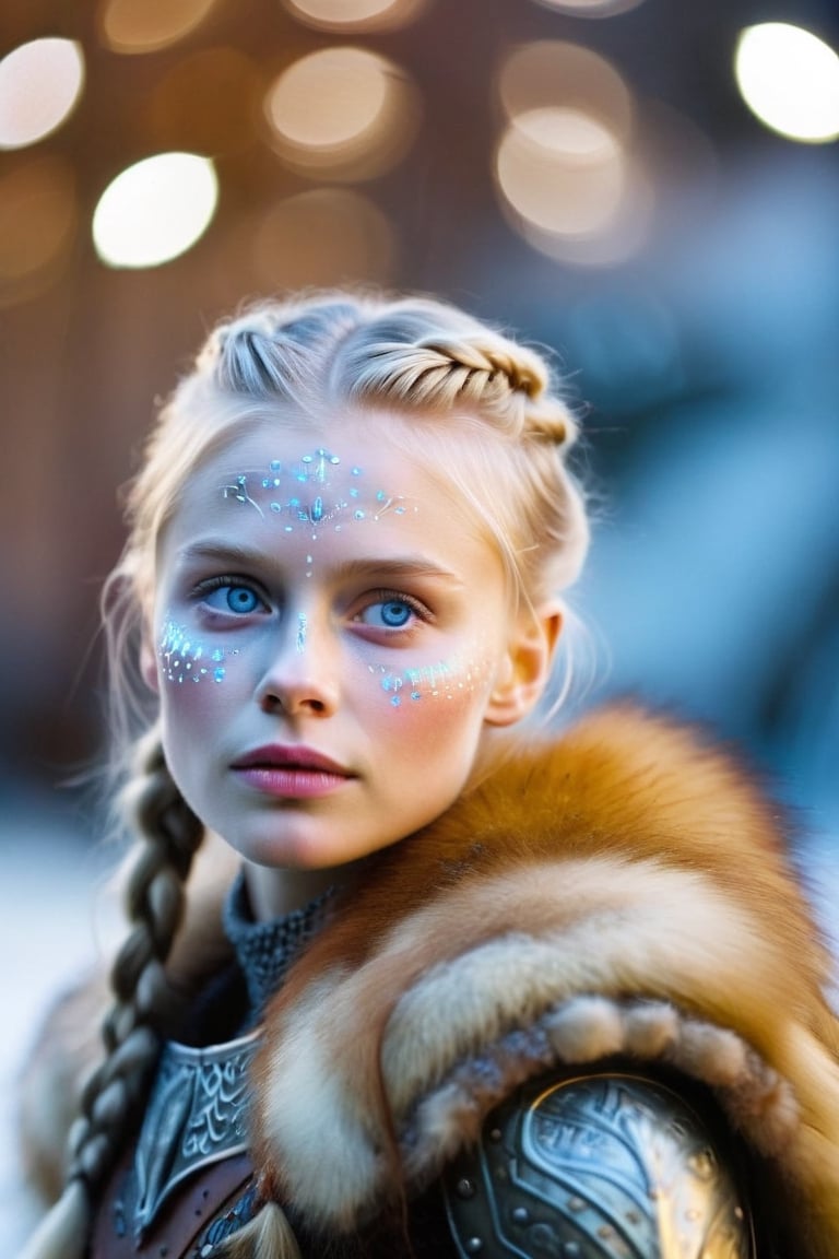 cinematic film still A fiercely proud Nordic girl stands, her presence exuding unwavering strength. Her blonde braids cascade down her back, framing a face marked by determination and resilience. This stunning portrait captures her piercing blue eyes, reflecting the icy landscapes of her homeland. The intricate details of her embroidered Viking armor and fur-lined cloak speak of her warrior spirit. This high-quality painting seamlessly combines power and grace, drawing the viewer into the captivating story of a fierce Nordic warrior princess. playful body manipulations, divine proportion, non-douche smile, gaze into the camera, holographic shimmer, whimsical lighting, enchanted ambiance, soft textures, imaginative artwork, ethereal glow, silent Luminescence, whispering Silent, iridescent Encounter, vibrant background, by Skyrn99, full body, (((rule of thirds))), high quality, high detail, high resolution, (bokeh:2), backlight, long exposure:2, shallow depth of field, vignette, highly detailed, high budget Hollywood film, bokeh, cinemascope, moody, epic, gorgeous, film grain