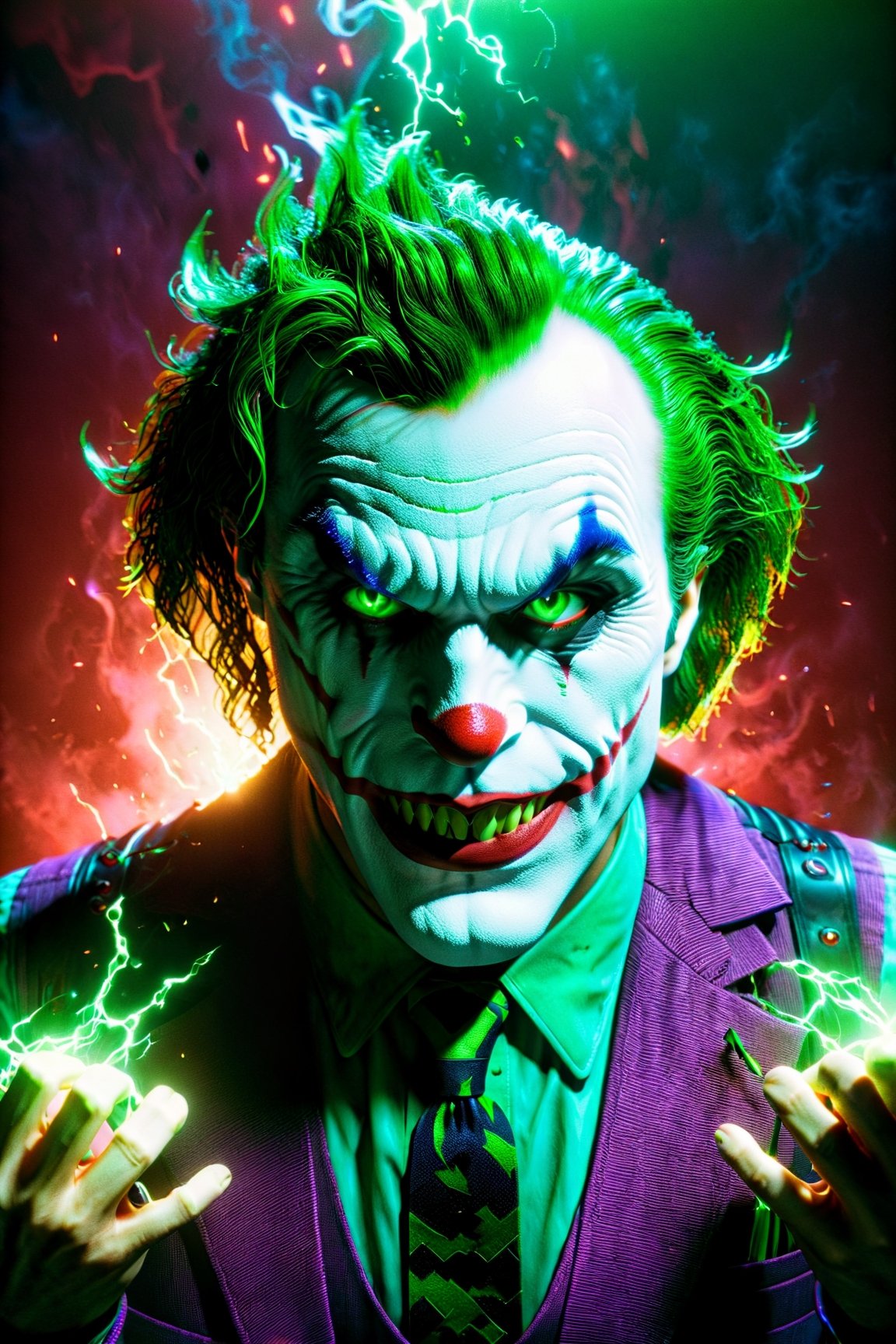 The Dark Joker with Green Evil Light eyes and lighting green thunder Dc , scary, Classic Academia, Flexography, ultra wide-angle, Game engine rendering, Grainy, Collage, analogous colors, Meatcore, infrared lighting, Super detailed, photorealistic, food photography, Cycles render, 4k

,Extremely Realistic