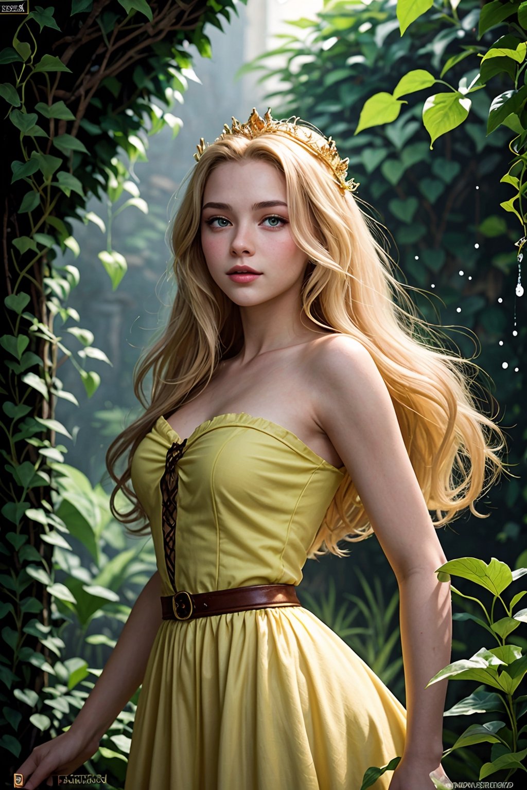 Flower Princess, Rapunzel, Beautiful, Glowing yellow glow, Long blonde hair, Green eyes, Lilac dress, Green ivy, Nice young face, Soft tan skin, Art germ, Fantastical, intricately details, Splash screen, Complementary colors, fantasy concept art
