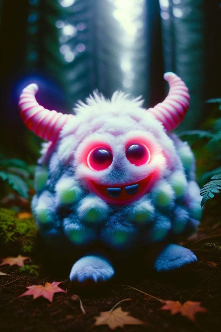 Light Cheery Atmosphere, photograph cinematic still robust bioluminescent vivid adorable cute smiling pink and purple polka-dotted furry egg-shaped mini-monster with furry hands and feet, glowing red eyes, horns, cute long fangs, rainbow wings, in the fabulous night forest, magical radiance, depth of field, realistic, cinematic lighting, soft shadows, asymmetrical fractal, colorful, volumetric lighting, wind, petals falling, moonlight, forest in background . emotional, harmonious, vignette, highly detailed, high budget, bokeh, cinemascope, moody, epic, gorgeous, film grain, grainy, 50mm , cinematic 4k epic detailed 4k epic detailed photograph shot on kodak detailed cinematic hbo dark moody, 35mm photo, grainy, vignette, vintage, Kodachrome, Lomography, stained, highly detailed, found footage, happy, joyful, cheerful, carefree, gleeful, lighthearted, pleasant atmosphere