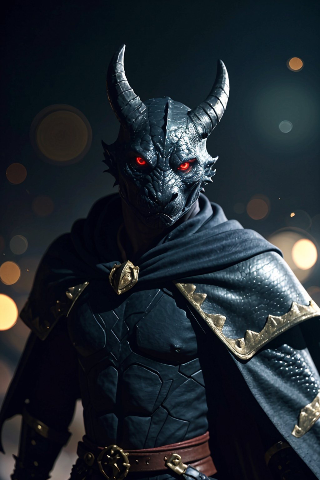 black dragonborn, solo, red eyes, male, upper body, male focus, horns, cape, armor, glowing, glowing eyes, volumetrics dtx, (film grain, blurry background, blurry foreground, bokeh, depth of field, motion blur, realistic:1.3), ((masterpiece, best quality)), art by greg rutkowski,Color Booster,perfect light