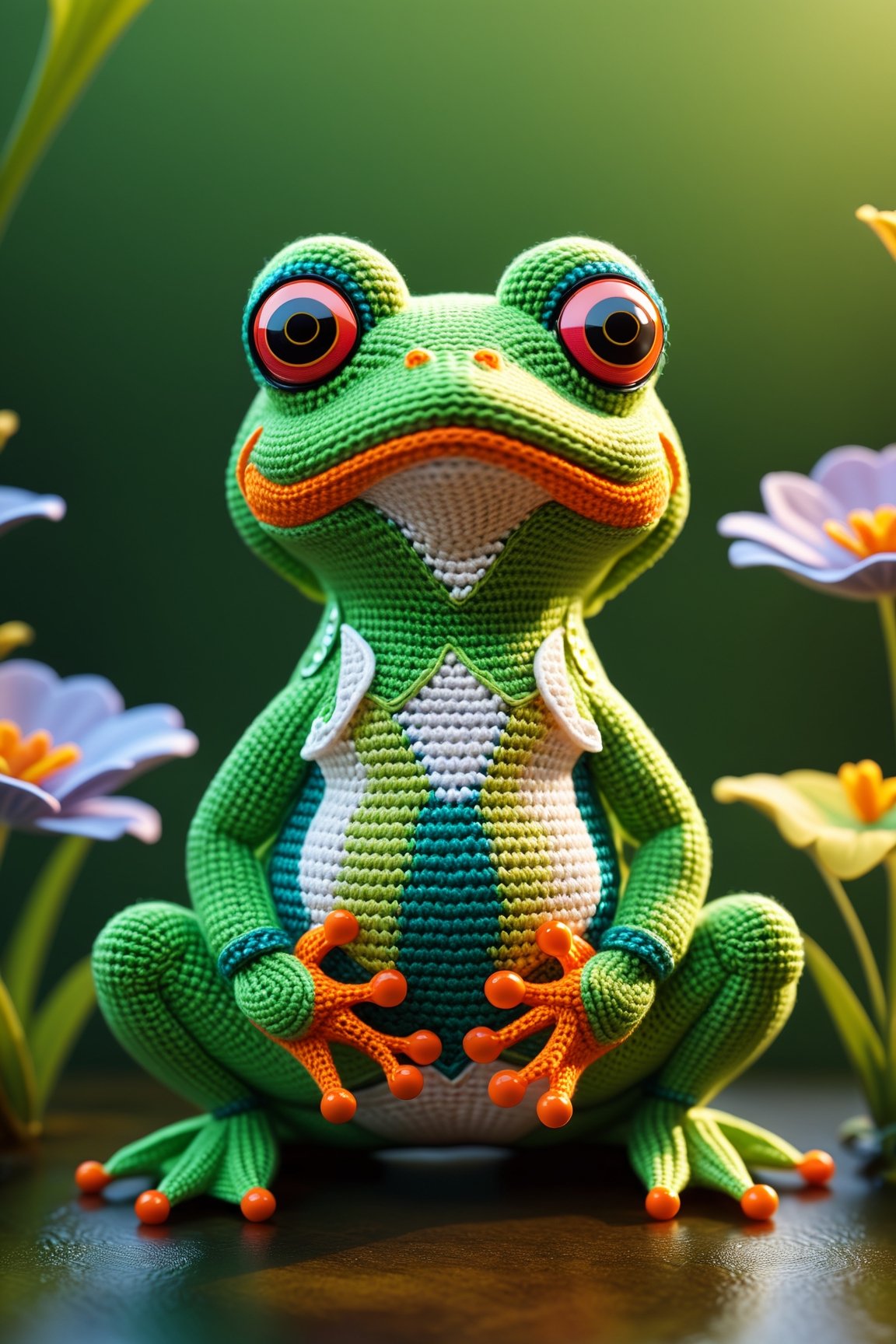 Amigurumi,frog,3Drendering,toycollection,Ultra-detailed,softtextures,brightcolors,cute,whimsical,handmade,+HD,studio lighting,wonderland,vibrant,playful