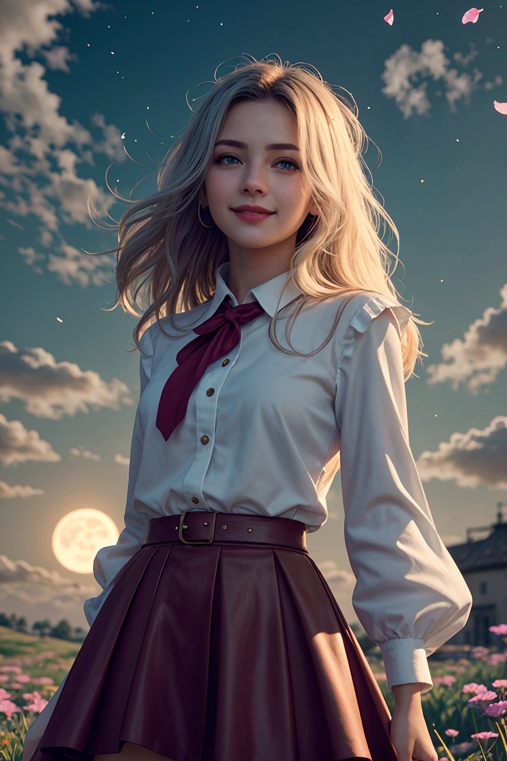 masterpiece, best quality, 1girl, cute lady, high priest, (colorful),(finely detailed beautiful eyes and detailed face),cinematic lighting, bust shot, extremely detailed CG unity 8k wallpaper, white hair, solo, smile, intricate skirt,((flying petal)),(Flowery meadow) sky, cloudy_sky, building, moonlight, moon, night, dark theme, light, fantasy, ,Color Booster
,Color Booster,perfect light