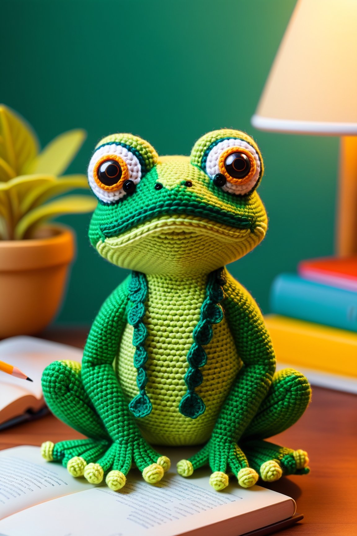 (amigurumi,crocheted,cute,frog,toy),(homework-study desk),(cartoon-style),(vibrant colors),(soft lighting), (realistic texture of the frog)