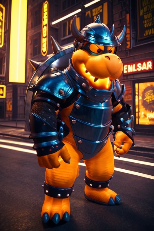 Bowser Knight, neon lights on armor, buffalo-shaped helmet, detailed, natural shading, rendered with unreal Engine 5,in the style of SM,